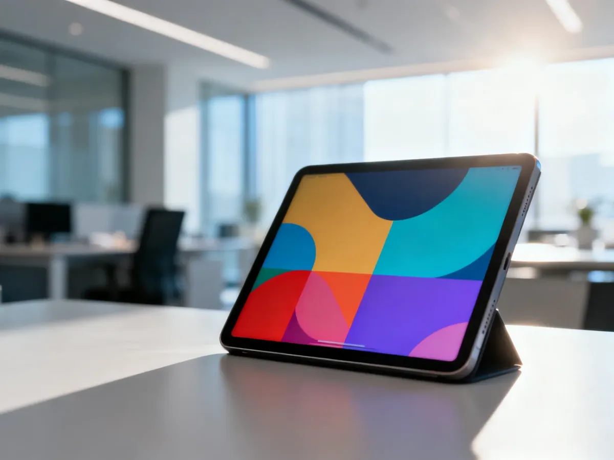 Nowoczesne biurko z tabletem wyświetlającym geometryczne kształty, symbolizujące proces ewolucji identyfikacji wizualnej.