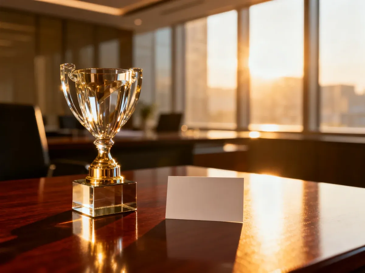 Szklane trofeum i wizytówka na eleganckim biurku, symbolizujące profesjonalizm i dbałość o wizerunek firmy.
