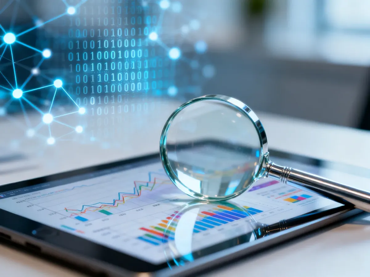 Lupa na tablecie z wykresami danych na tle cyfrowego kodu, symbolizująca procesy optymalizacji i marketingu w wyszukiwarkach.