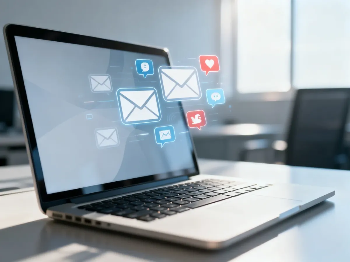 Nowoczesny laptop z ikonami e-maila i powiadomieniami z mediów społecznościowych na ekranie w profesjonalnym biurze.