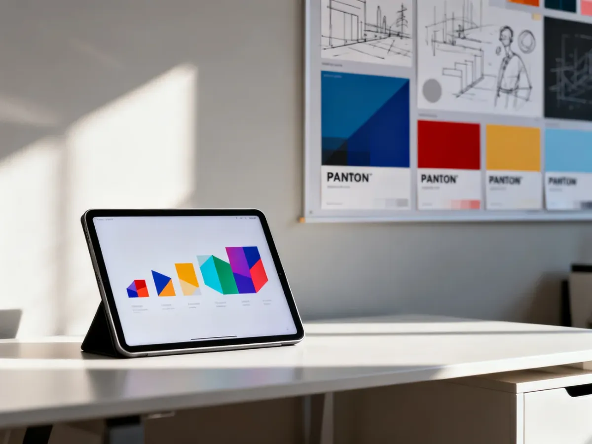 Minimalistyczne biurko projektanta z tabletem prezentującym ewolucję identyfikacji wizualnej marki.