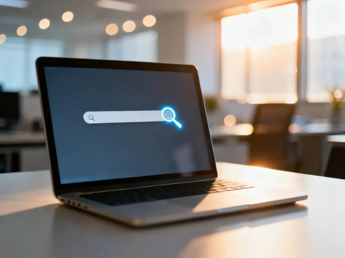 Nowoczesny laptop z paskiem wyszukiwania na ekranie, symbolizujący sprawdzanie dostępności domeny w biurowym otoczeniu.