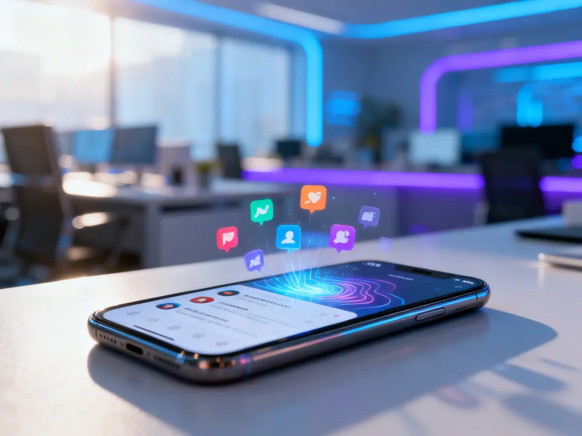 Nowoczesny smartfon z interfejsem mediów społecznościowych, ilustrujący działanie reklam w ekosystemie Facebooka.