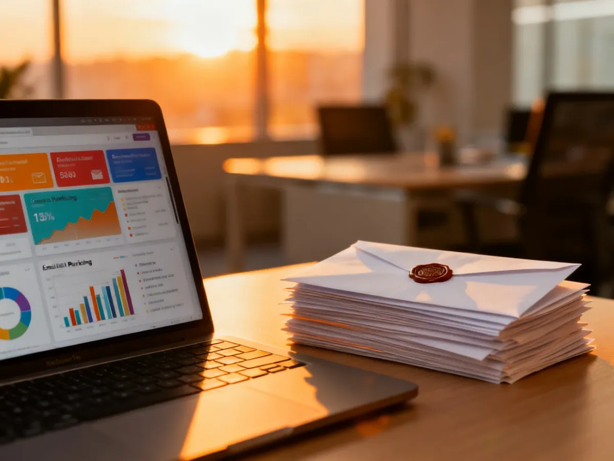 Porównanie nowoczesnego e-mail marketingu z tradycyjną korespondencją papierową w profesjonalnym biurze.