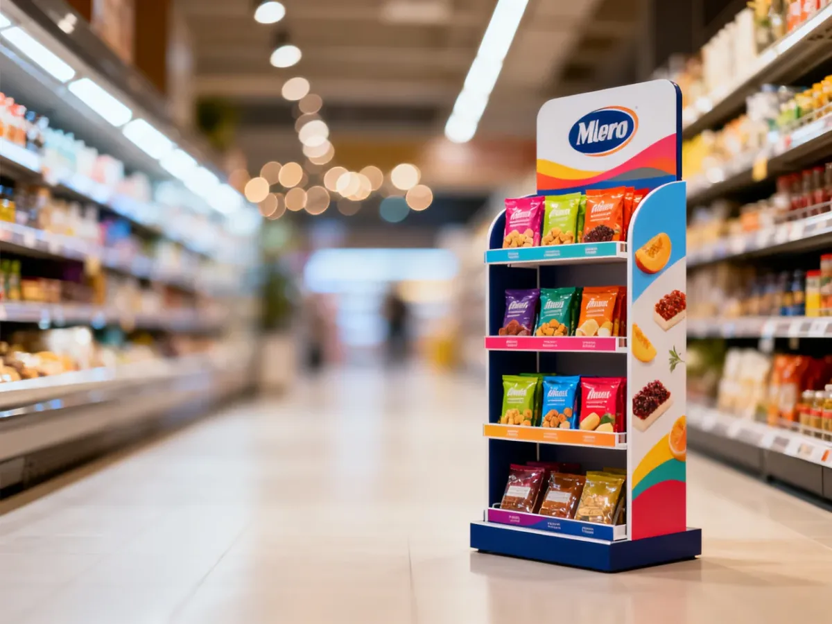 Nowoczesny stojak ekspozycyjny z produktami w alejce supermarketu, przyciągający uwagę klientów w punkcie sprzedaży.
