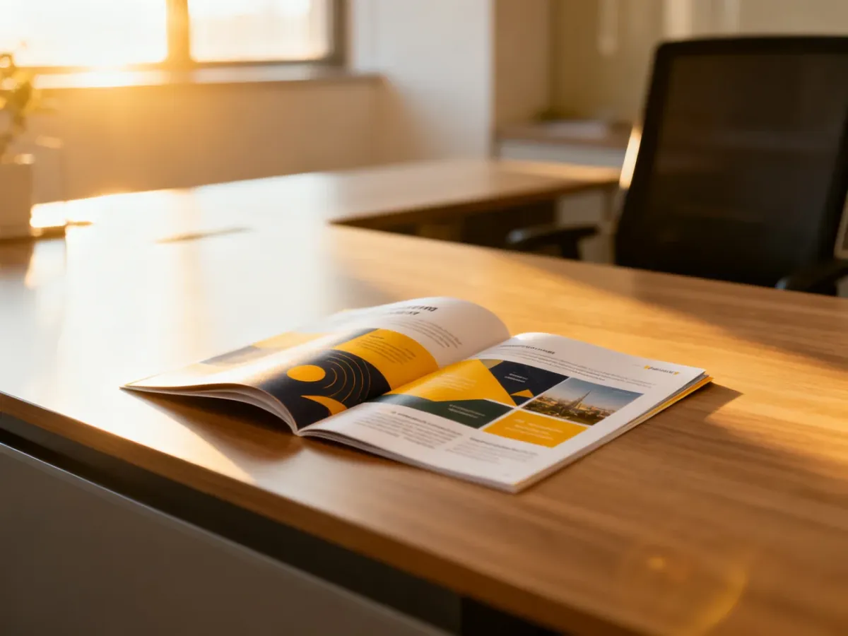Elegancki, rozłożony folder reklamowy leżący na nowoczesnym drewnianym biurku w słonecznym biurze.