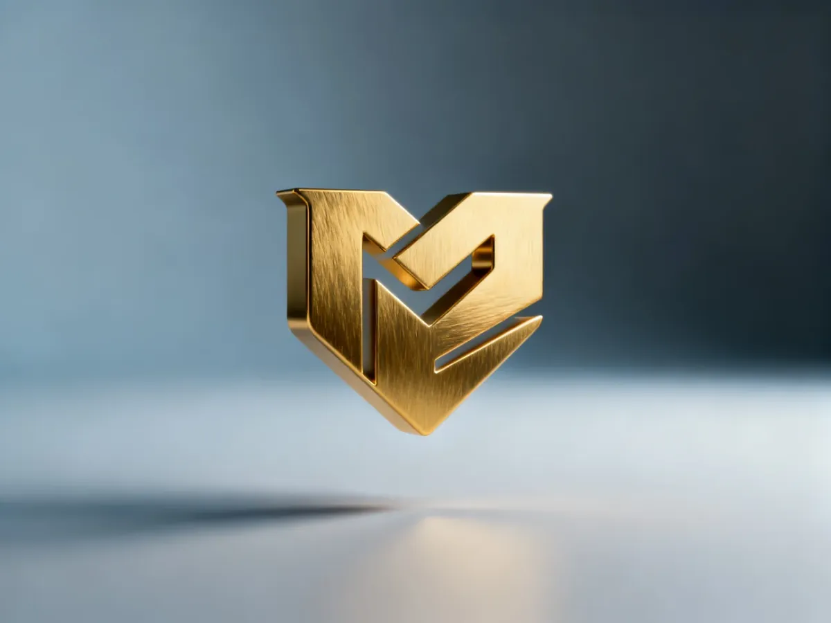 Minimalistyczny, złoty emblemat 3D symbolizujący prestiż i wysoką jakość marki w biznesie.