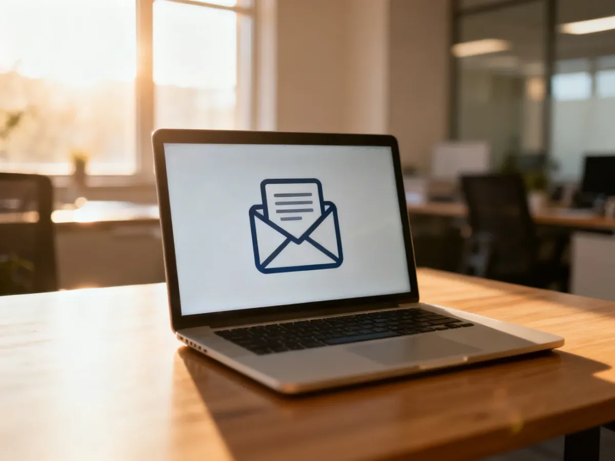 Otwarty laptop na biurku z ikoną koperty na ekranie, symbolizującą subskrypcję newslettera w przytulnym biurze.