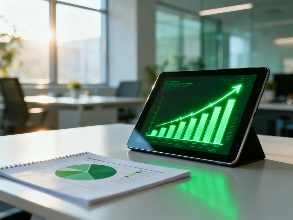 Tablet z wykresem wzrostu obok notatnika z wykresem kołowym, symbolizujący różnicę między growth marketingiem a tradycyjnym.