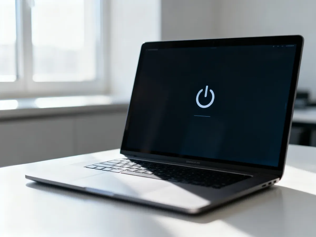 Nowoczesny laptop z ikoną wyłączania na ekranie, symbolizujący proces dezaktywacji usług cyfrowych.