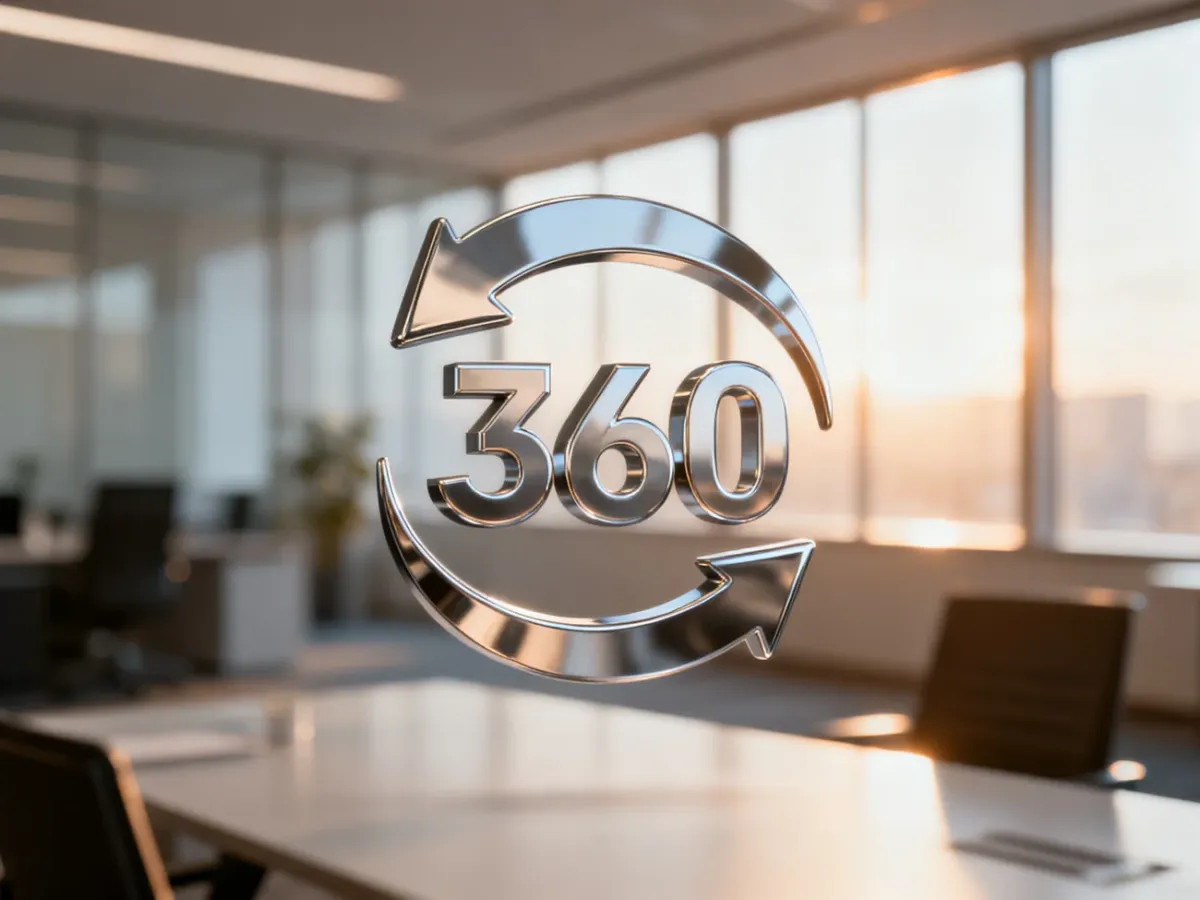 Metaliczna ikona obrotowej strzałki 360 stopni na tle nowoczesnego biura, symbolizująca proces kompleksowego rebranding.