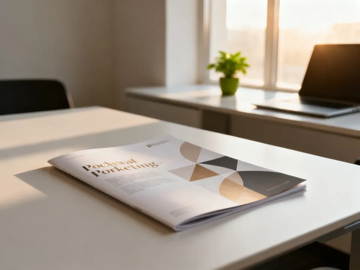 Profesjonalny folder reklamowy z elegancką grafiką leżący na nowoczesnym biurku w słonecznym biurze.
