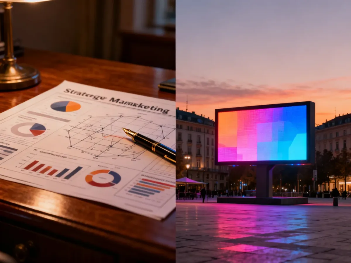 Zestawienie planowania strategicznego przy biurku z nowoczesną reklamą cyfrową w przestrzeni miejskiej.