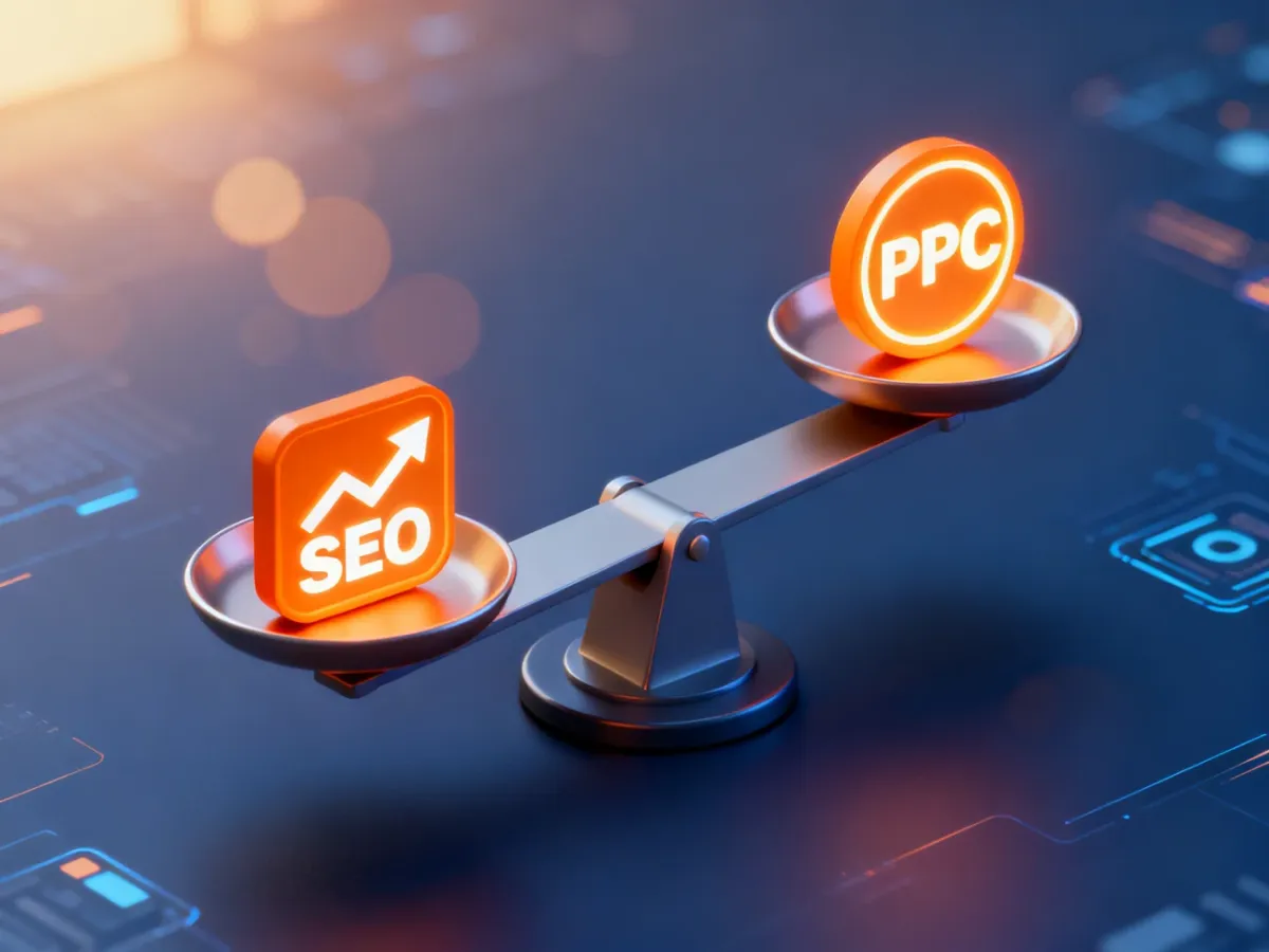 Waga z ikonami SEO i PPC symbolizująca porównanie strategii wzrostu organicznego oraz płatnego ruchu w marketingu.