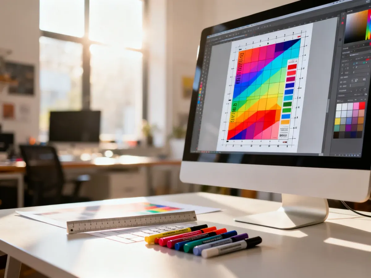 Stanowisko grafika z monitorem wyświetlającym projekt baneru reklamowego z widocznymi znacznikami cięcia.