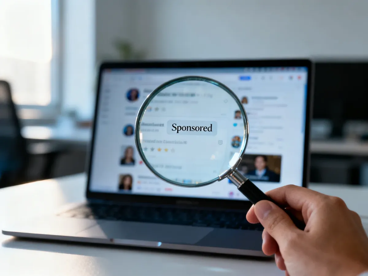Lupa skupiona na oznaczeniu „Sponsorowane” na ekranie laptopa, ilustrująca proces identyfikacji treści reklamowych.