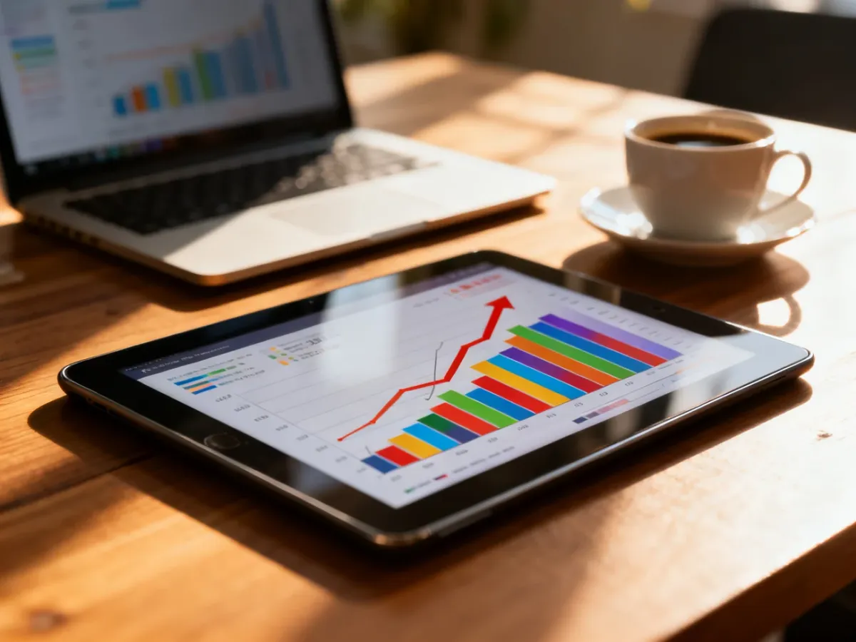 Tablet z wykresami wzrostu finansowego na biurku, symbolizujący efektywne zarządzanie budżetem w kampaniach Google Ads.