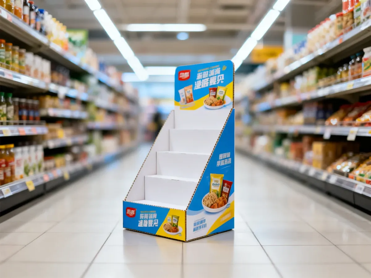 Nowoczesny stojak reklamowy typu POS wyeksponowany w alei sklepu, przyciągający uwagę klientów w przestrzeni handlowej.