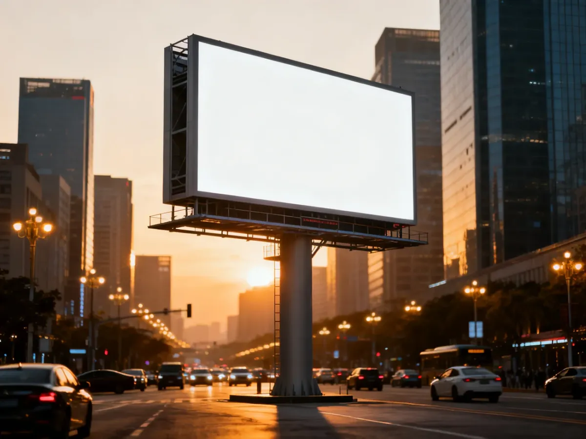 Pusta konstrukcja billboardu w centrum miasta o zachodzie słońca, gotowa na umieszczenie treści reklamowej.