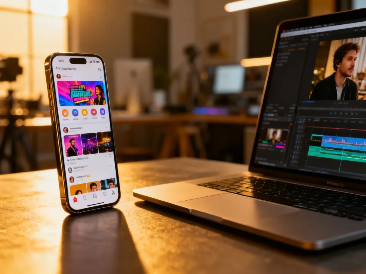 Smartfon z kanałem społecznościowym i laptop z edytorem wideo, symbolizujące wybór między Instagramem a YouTube.