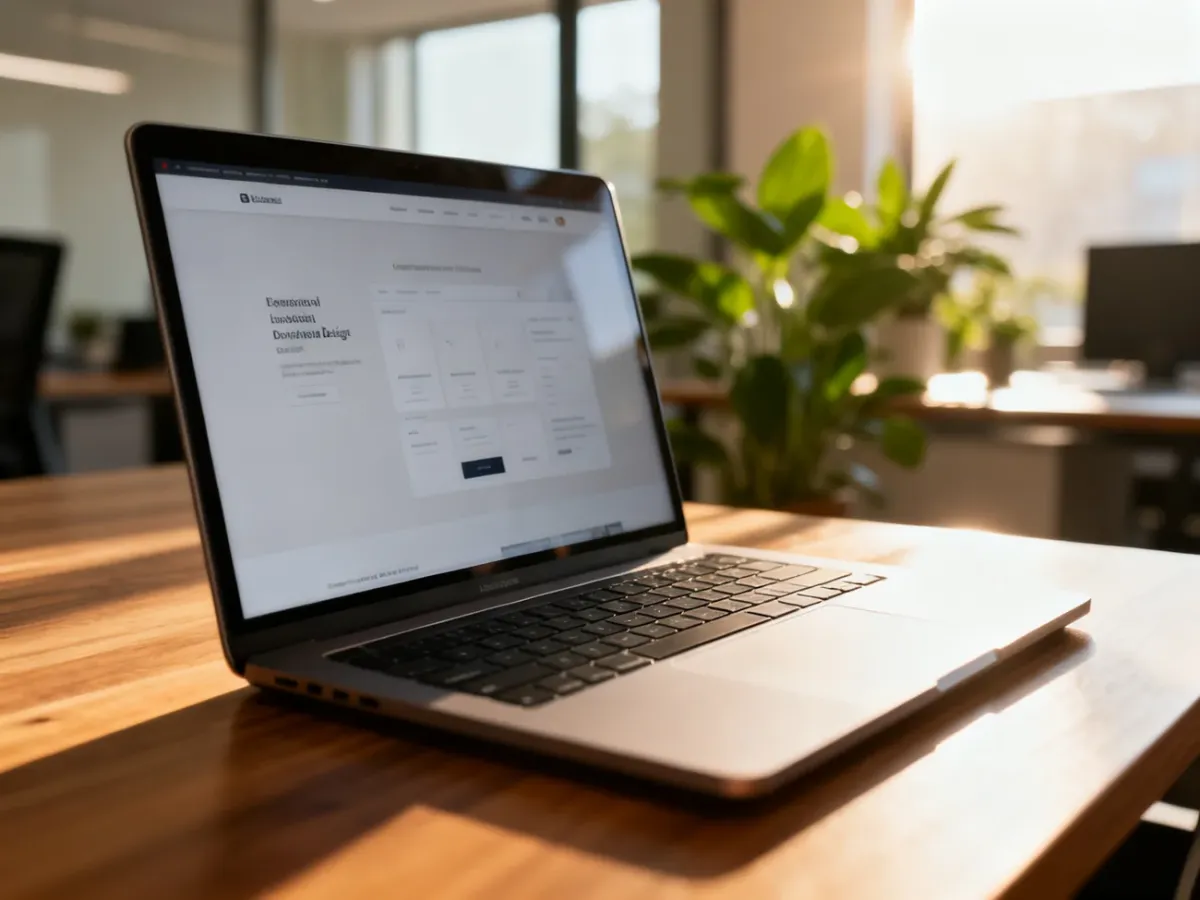 Nowoczesne stanowisko pracy z laptopem, na którego ekranie widać przejrzysty projekt strony typu landing page.