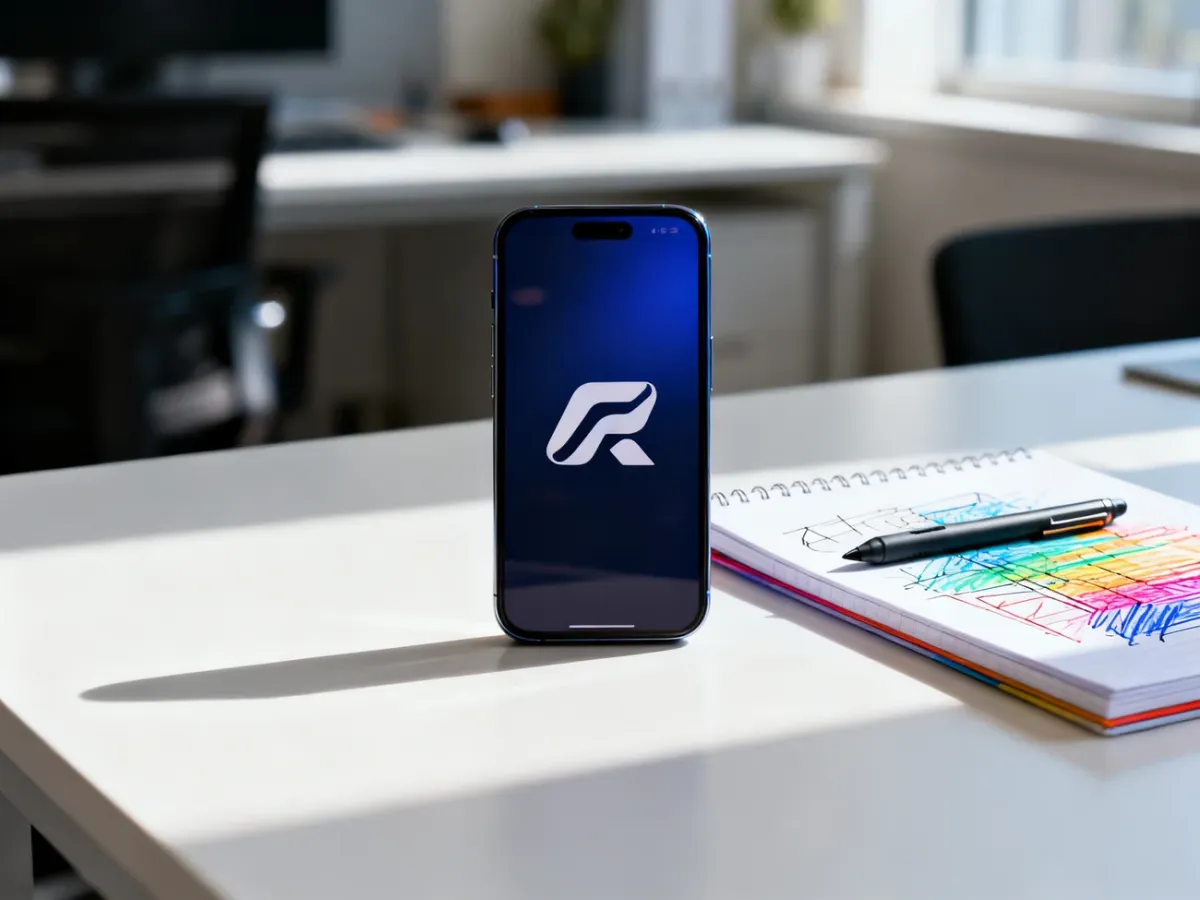 Smartfon z nowoczesnym logo na ekranie oraz notatnik ze szkicami na biurku, symbolizujące proces projektowania identyfikacji wizualnej.