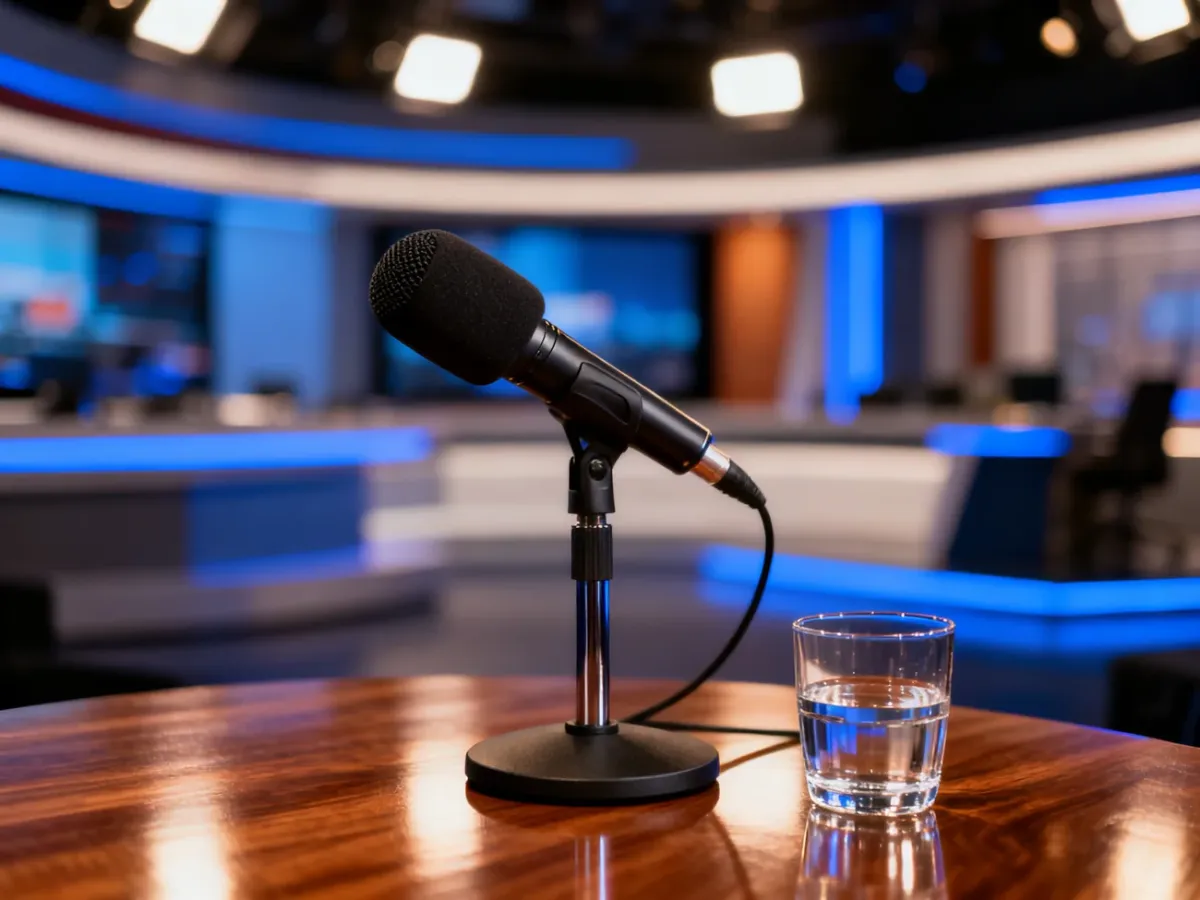Profesjonalny mikrofon studyjny na drewnianym stole w nowoczesnym studiu telewizyjnym, gotowy do nagrania wywiadu.