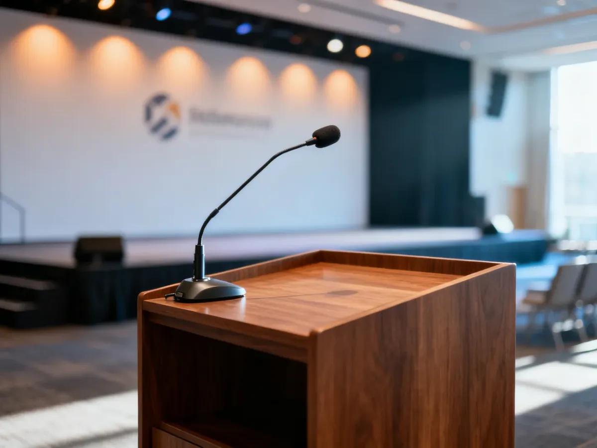 Nowoczesna sala konferencyjna z mównicą i mikrofonami, przygotowana do profesjonalnego spotkania z mediami.