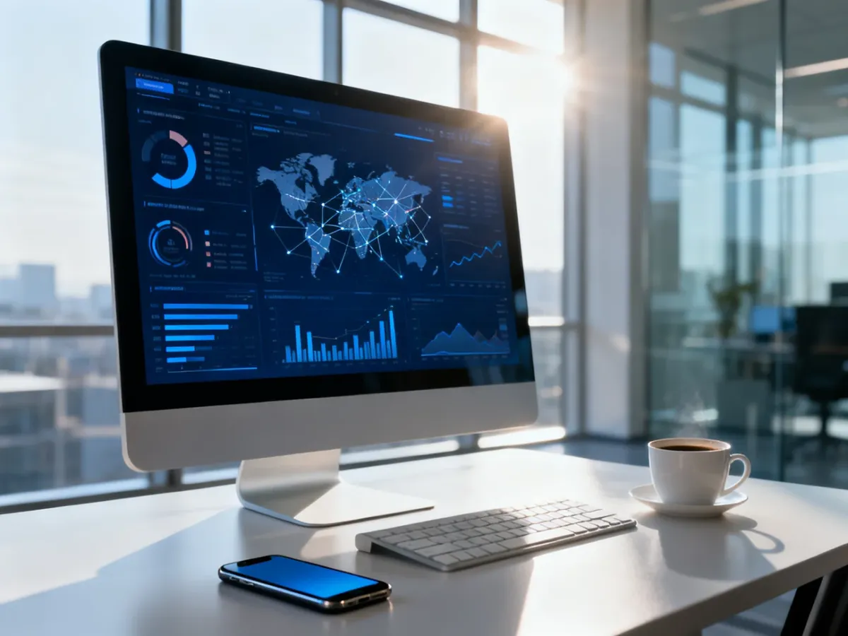 Nowoczesne stanowisko pracy z monitorem wyświetlającym dane analityczne, symbolizujące profesjonalny monitoring mediów.