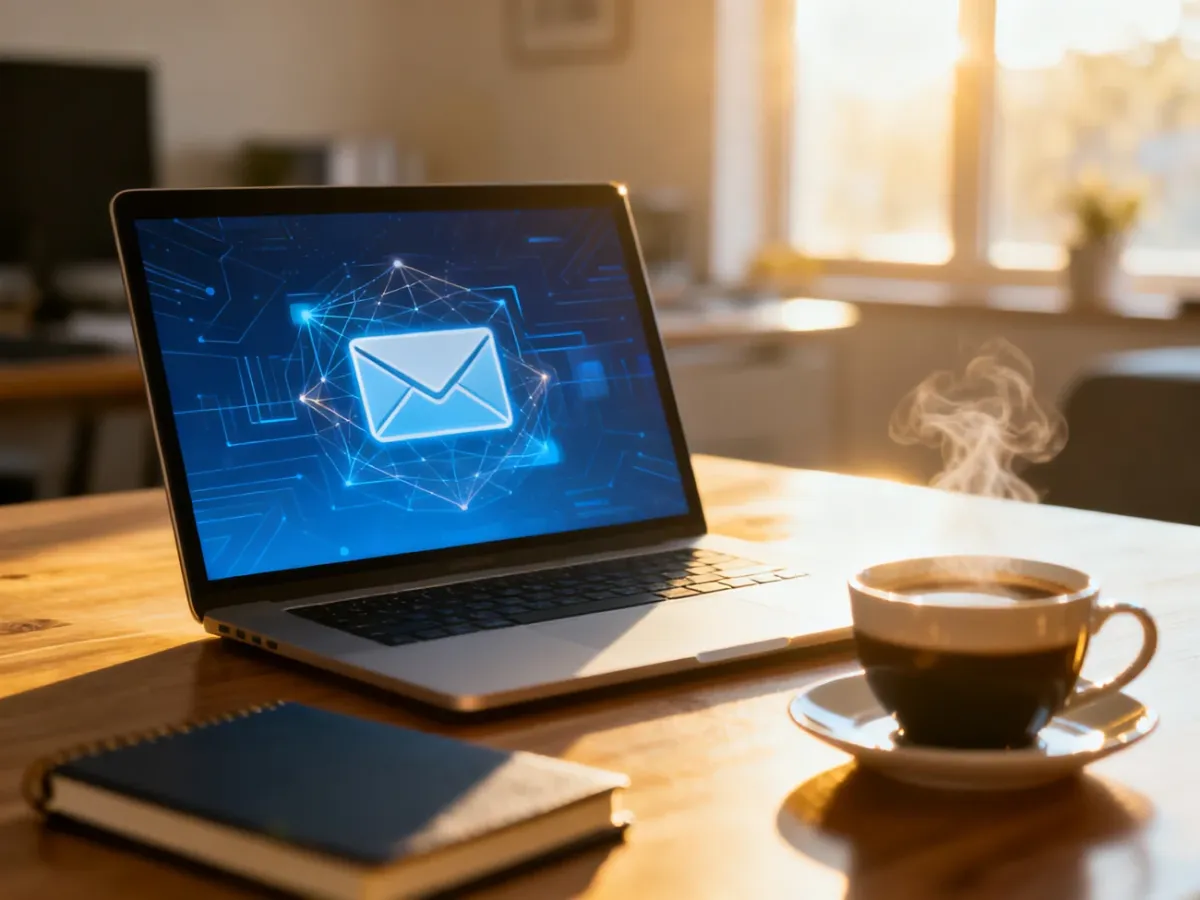 Nowoczesne stanowisko pracy z laptopem, na którym wyświetla się ikona wiadomości e-mail, symbolizujące tworzenie newslettera.
