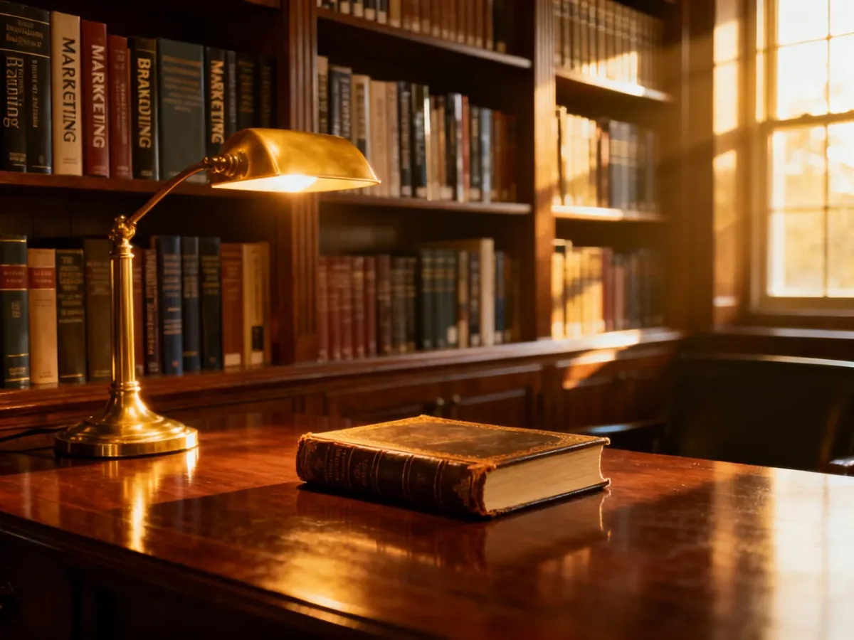 Eleganckie wnętrze biblioteki z książkami o marketingu i oświetlona lampą zabytkowa książka na mahoniowym biurku.