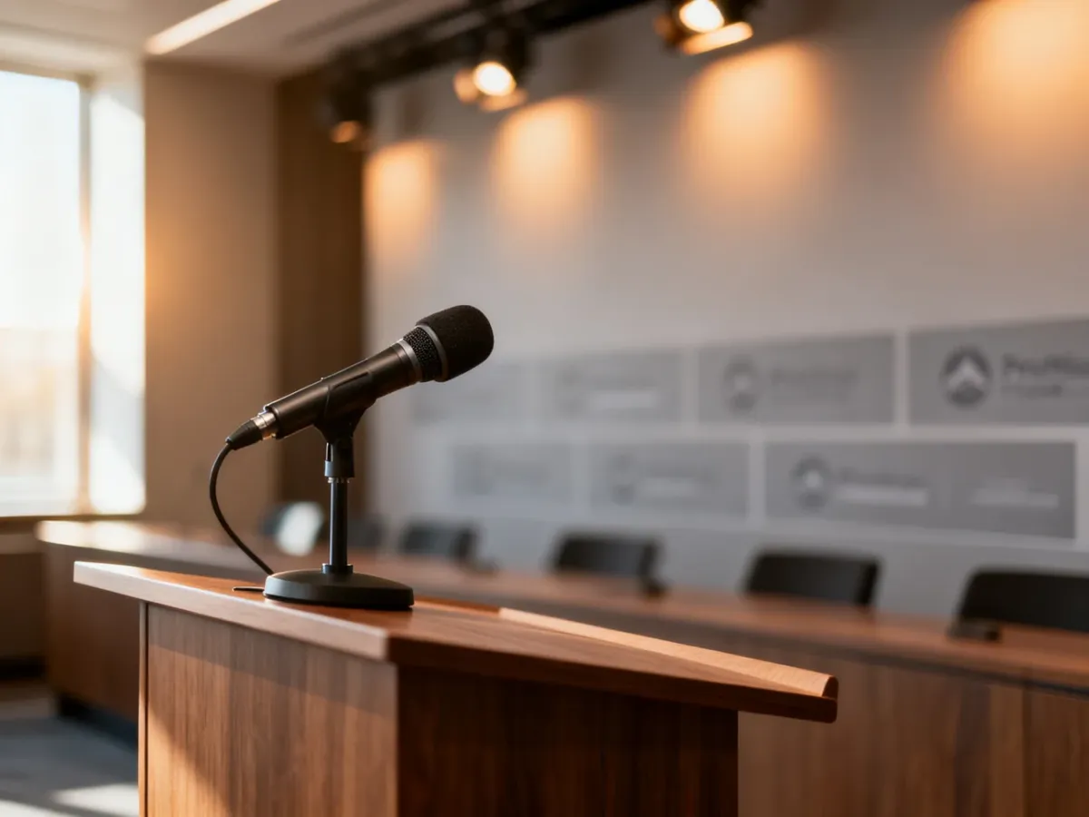 Profesjonalnie przygotowana mównica z mikrofonem w nowoczesnej sali konferencyjnej, gotowa na wystąpienie prasowe.