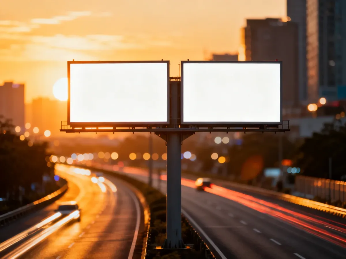 Pusty podwójny billboard przy autostradzie w świetle zachodzącego słońca, gotowy do umieszczenia reklamy.