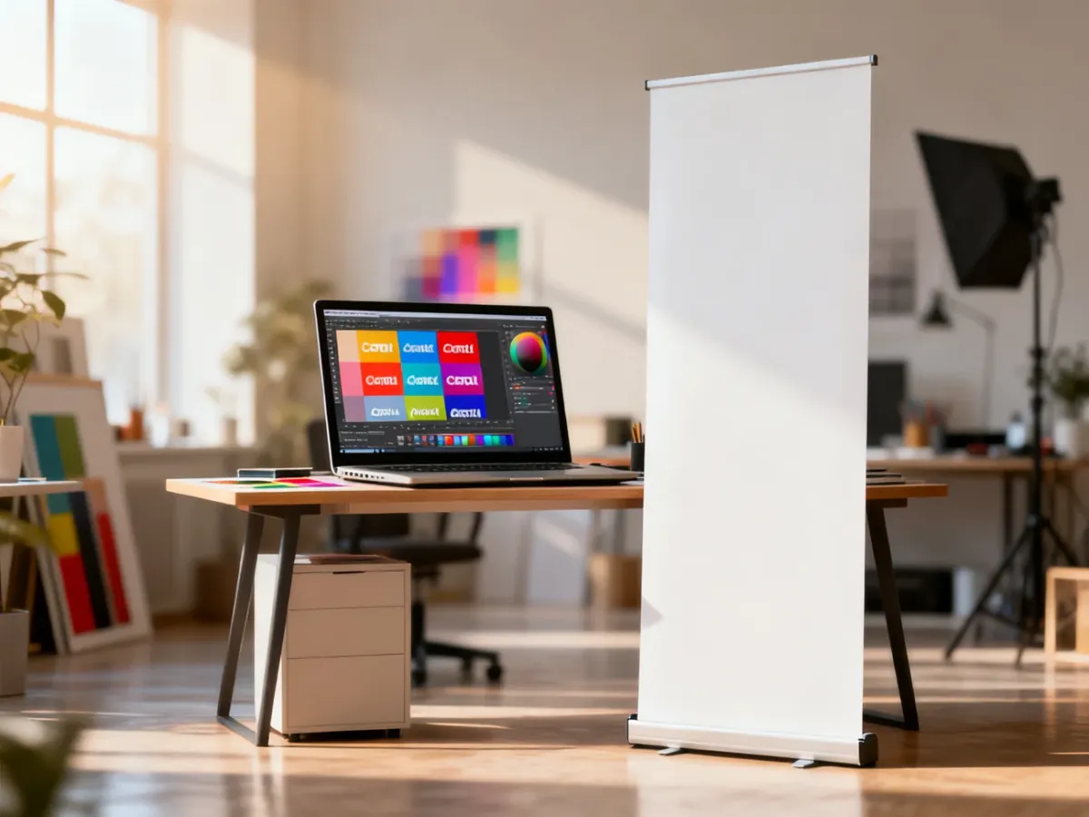 Stanowisko pracy grafika z pustym stojakiem typu roll-up oraz laptopem z otwartym projektem reklamowym.