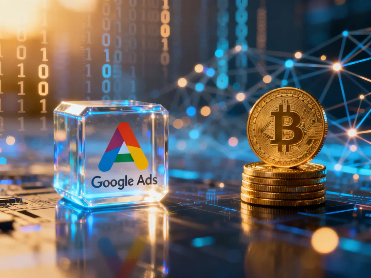 Grafika przedstawiająca zestawienie Google Ads i AdSense za pomocą symboli sześcianu i monet na tle cyfrowej sieci danych.