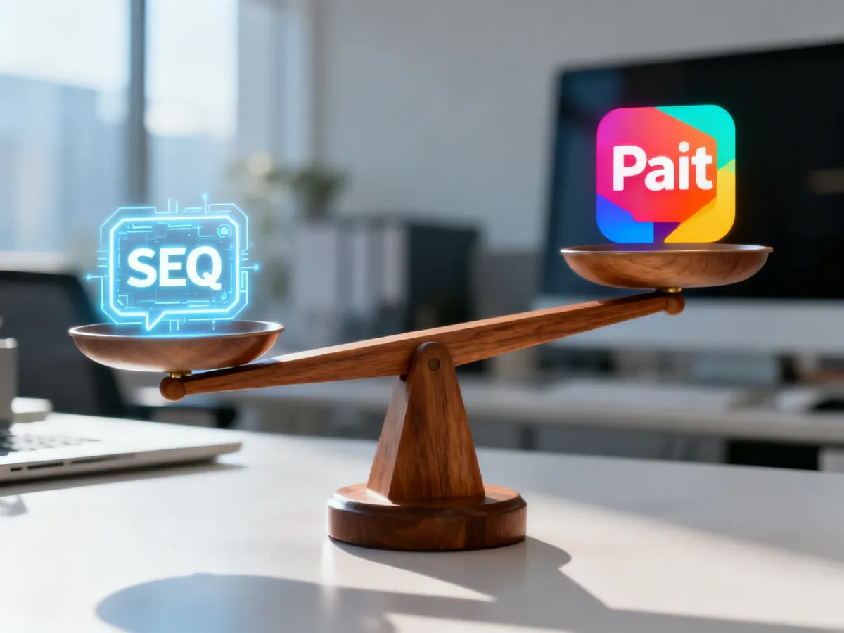 Drewniana waga szalkowa z ikonami SEO i płatnych reklam, symbolizująca wybór między strategiami marketingu internetowego.