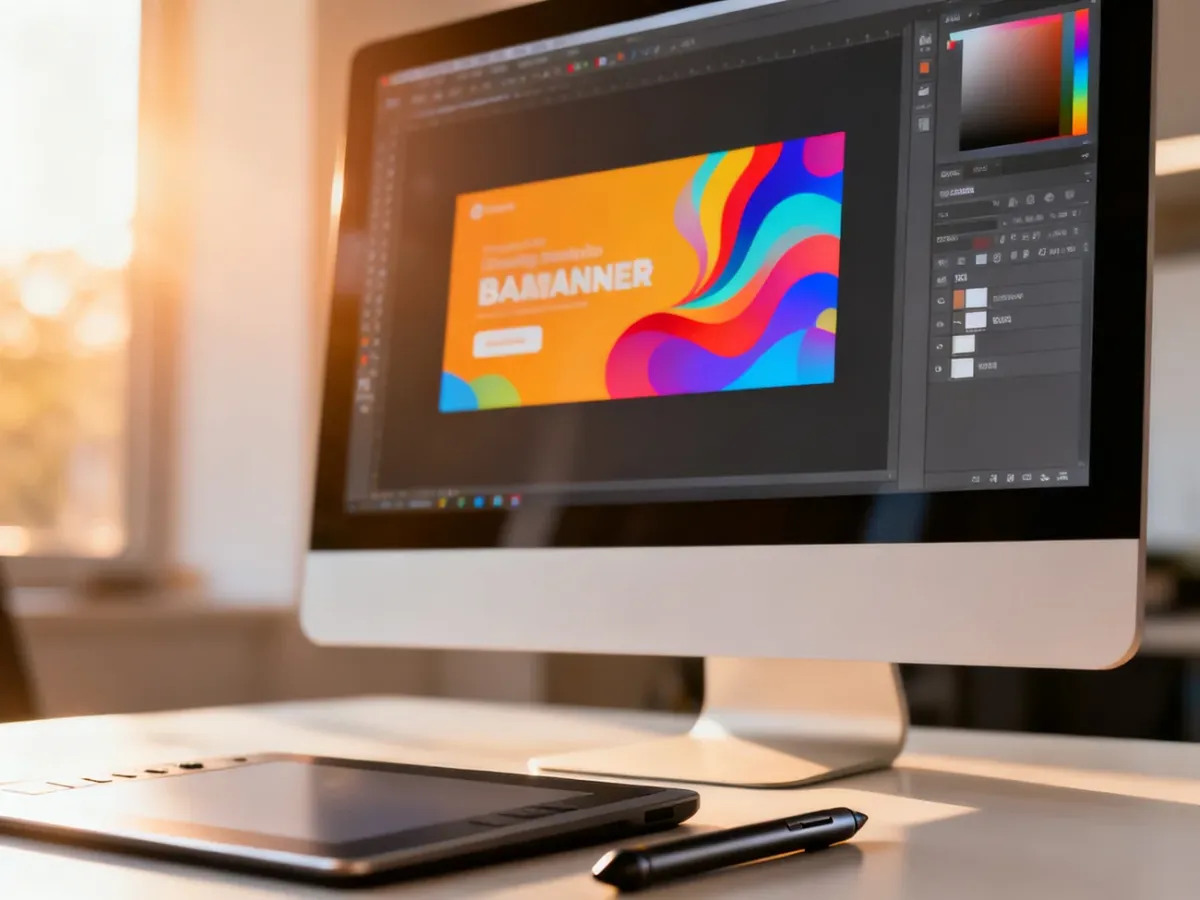 Profesjonalne stanowisko grafika z otwartym projektem banera w programie graficznym na monitorze.