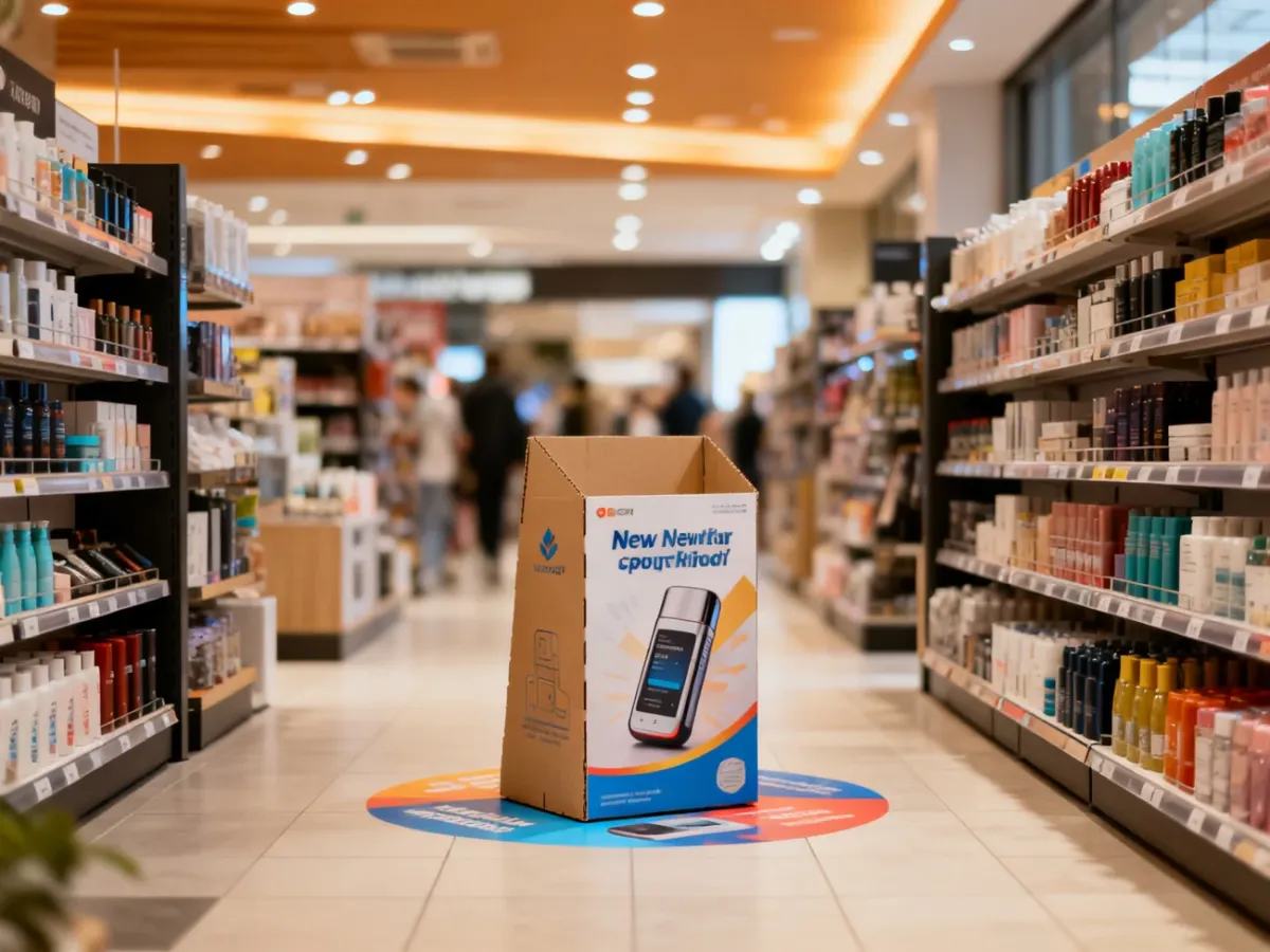 Nowoczesny stojak ekspozycyjny POS w sklepie, prezentujący produkt w czytelny i atrakcyjny sposób.