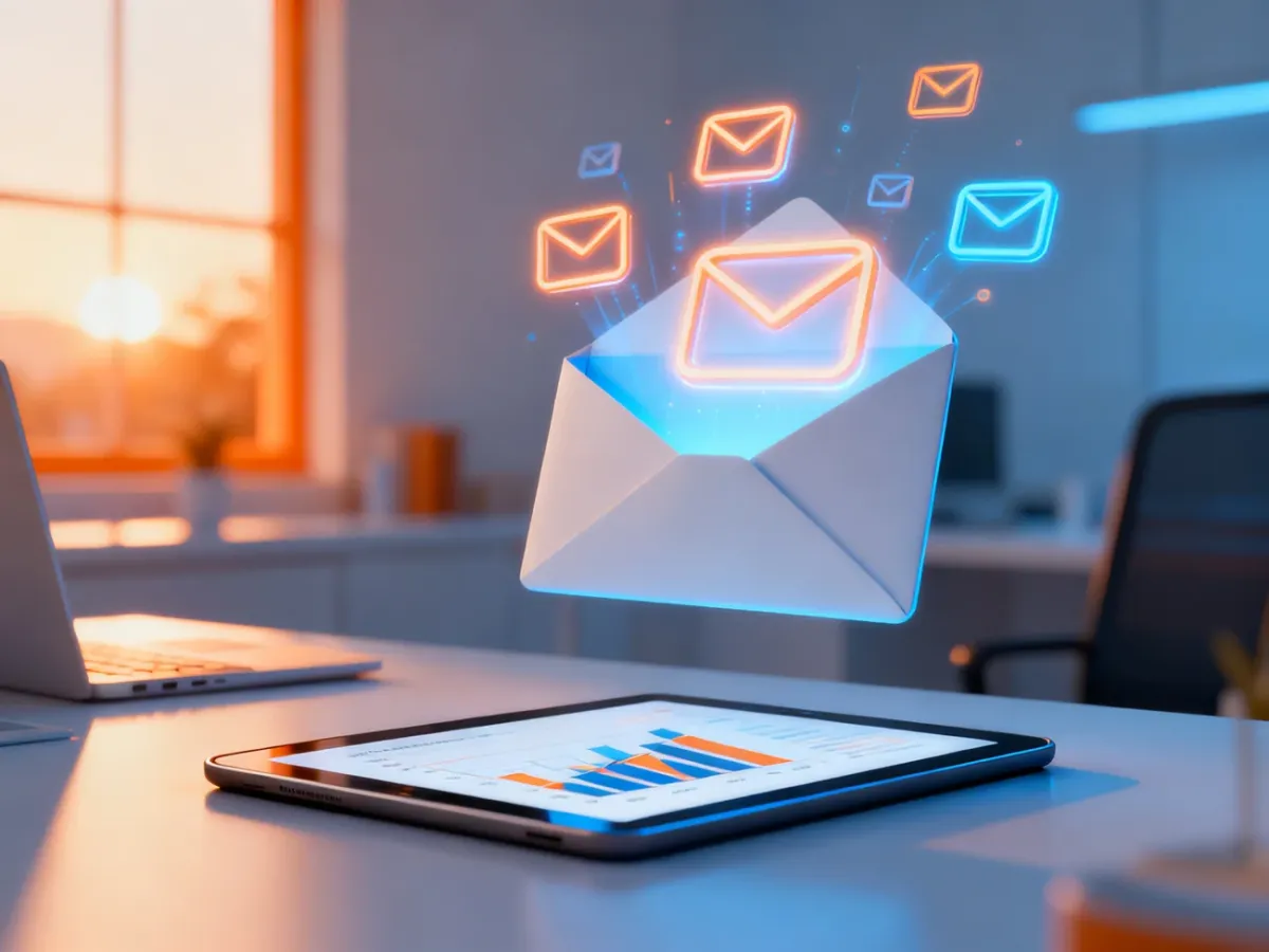 Otwarta koperta z ikonami wiadomości e-mail oraz tablet z wykresami analitycznymi na nowoczesnym biurku.