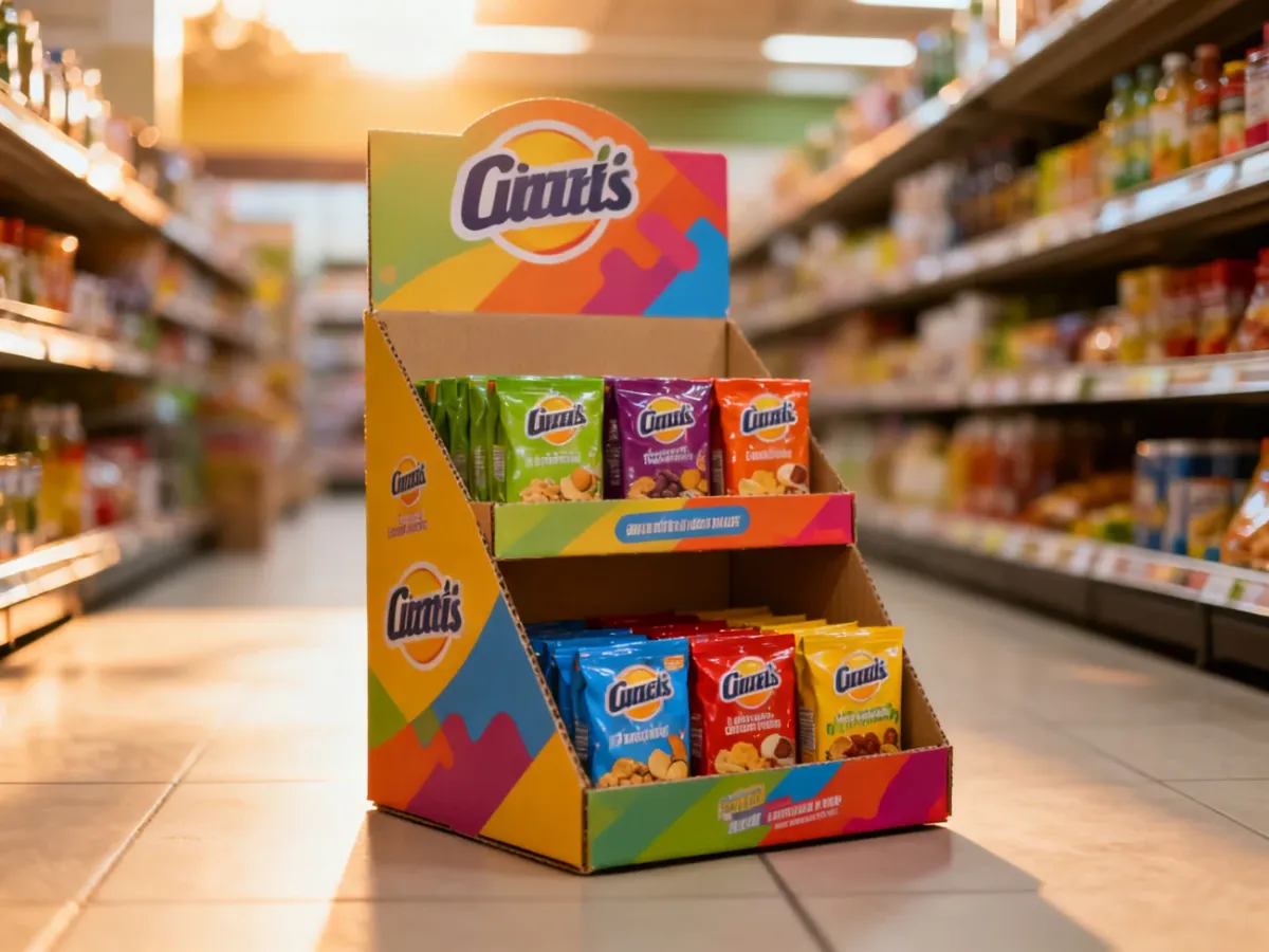 Kolorowy kartonowy stojak POS z produktami wyeksponowany w alejce supermarketu, przyciągający uwagę klientów.