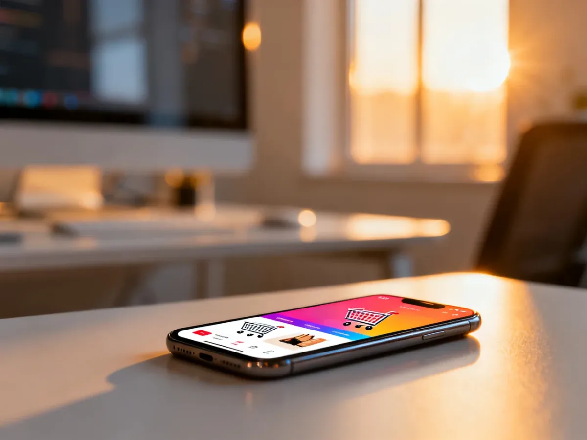 Smartfon z nowoczesnym interfejsem sklepu internetowego, symbolizujący zakupy w mediach społecznościowych.