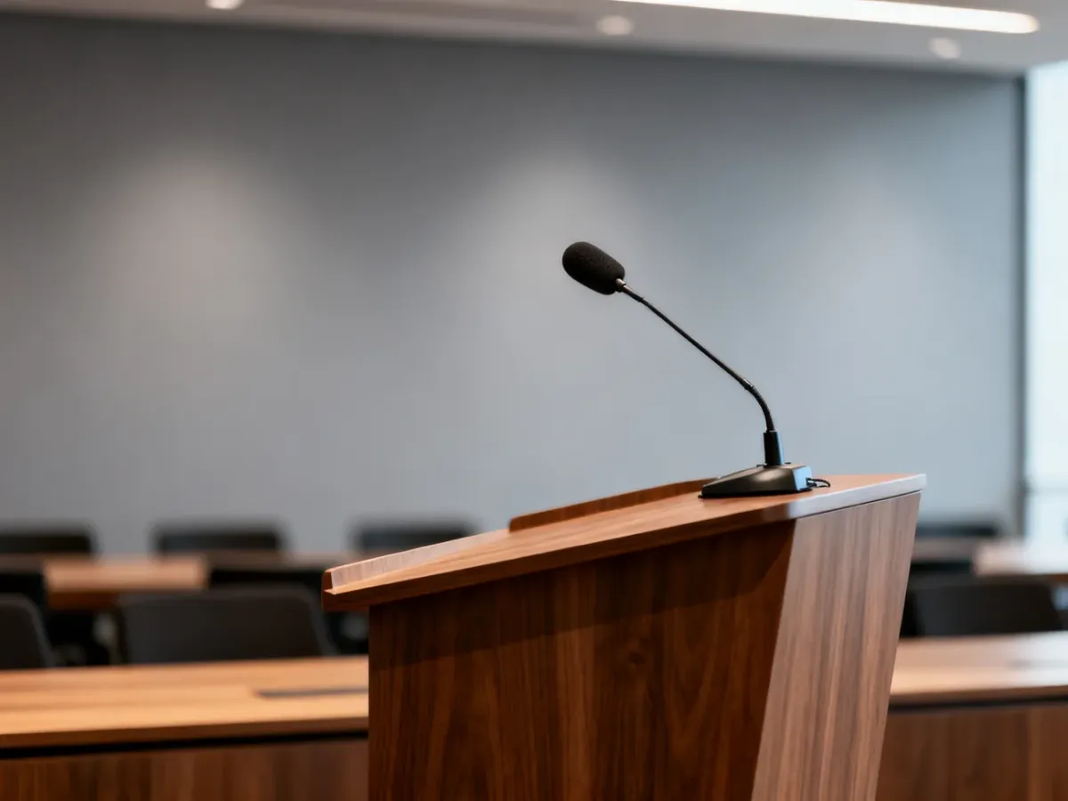 Profesjonalna mównica z mikrofonem w nowoczesnej sali konferencyjnej, przygotowana do przeprowadzenia briefingu prasowego.