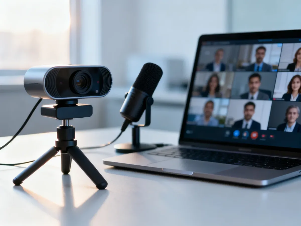 Profesjonalne stanowisko do konferencji online z mikrofonem, kamerą i laptopem, gotowe do prowadzenia spotkania prasowego.