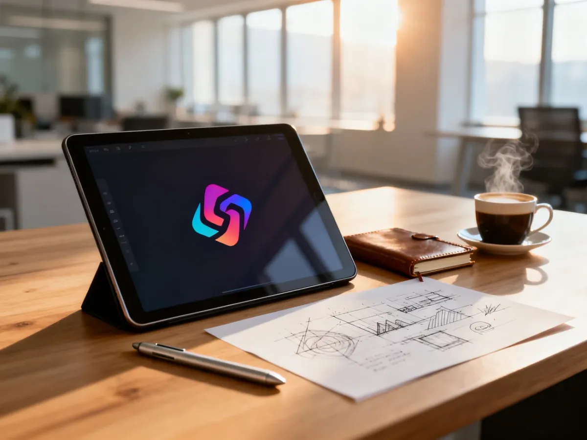 Profesjonalne stanowisko pracy grafika z tabletem, szkicownikiem i projektem logo na ekranie.