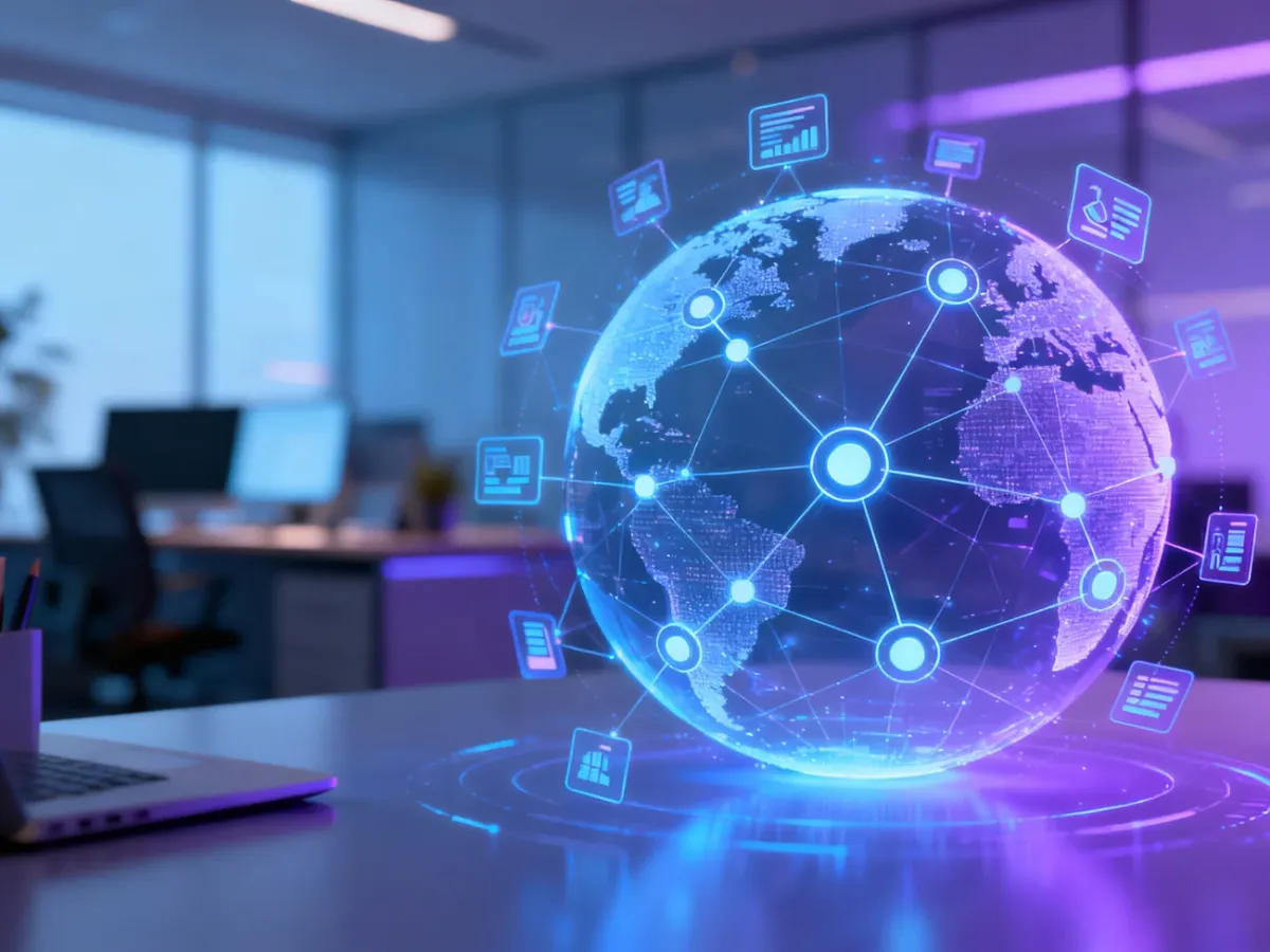 Holograficzna kula ziemska z węzłami sieciowymi, symbolizująca globalny zasięg i nowoczesne strategie marketingu cyfrowego.