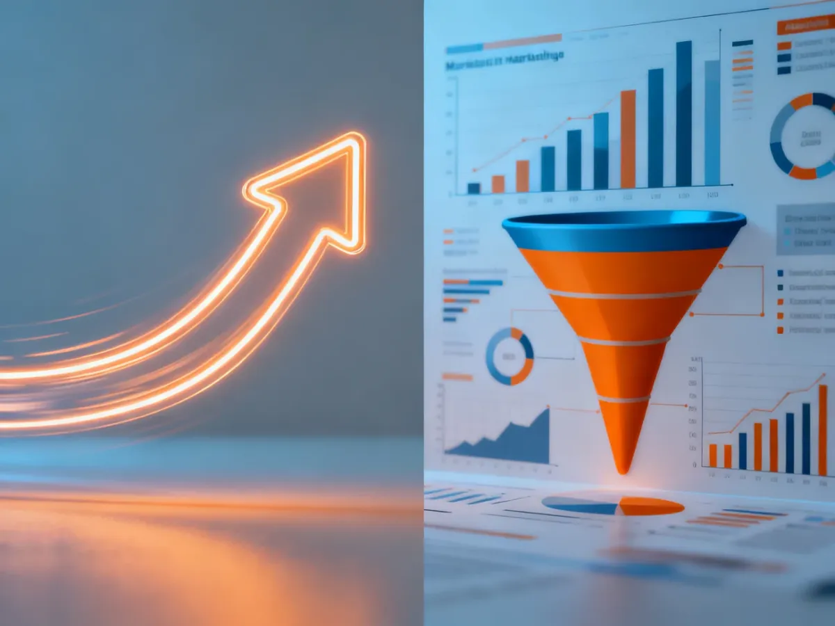 Porównanie growth hackingu (dynamiczna strzałka) i growth marketingu (lejek sprzedażowy) w ujęciu koncepcyjnym.