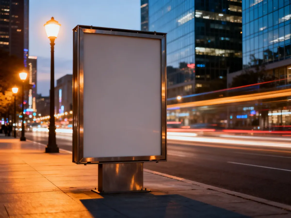 Pusta metalowa konstrukcja billboardu na tle nowoczesnego, wieczornego miasta, ilustrująca potencjał reklamy zewnętrznej.