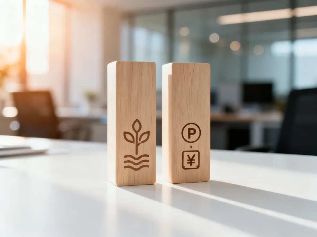 Dwa drewniane klocki na biurku symbolizujące różnice między content marketingiem a reklamą natywną.