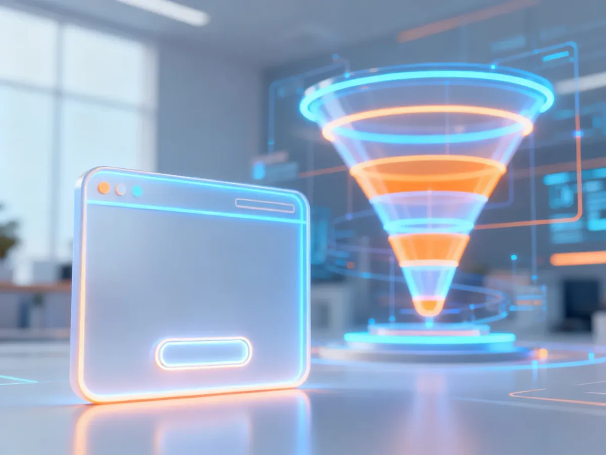 Ilustracja 3D przedstawiająca pojedynczą stronę typu landing page oraz wieloetapowy lejek sprzedażowy w neonowej stylistyce.