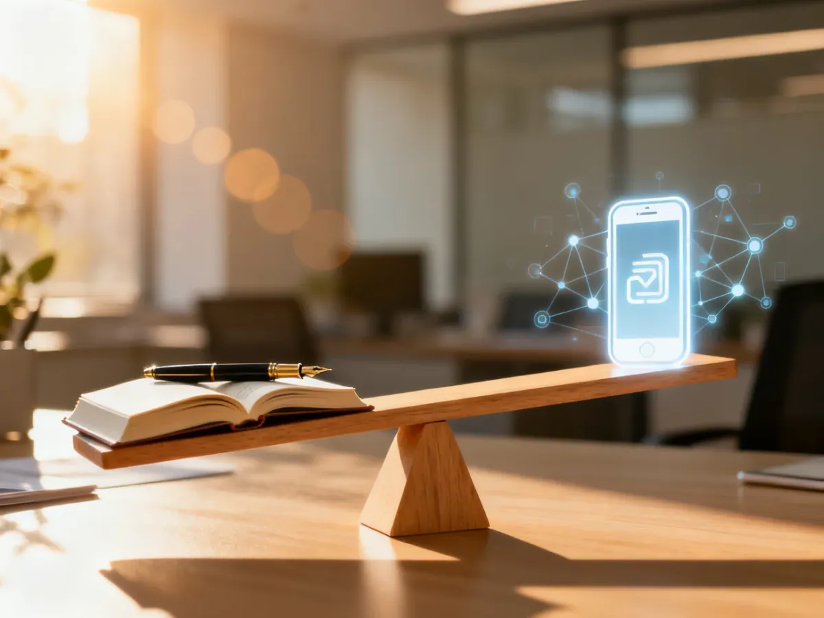 Drewniana waga z książką i smartfonem symbolizująca równowagę między tworzeniem treści a aktywnością w mediach społecznościowych.